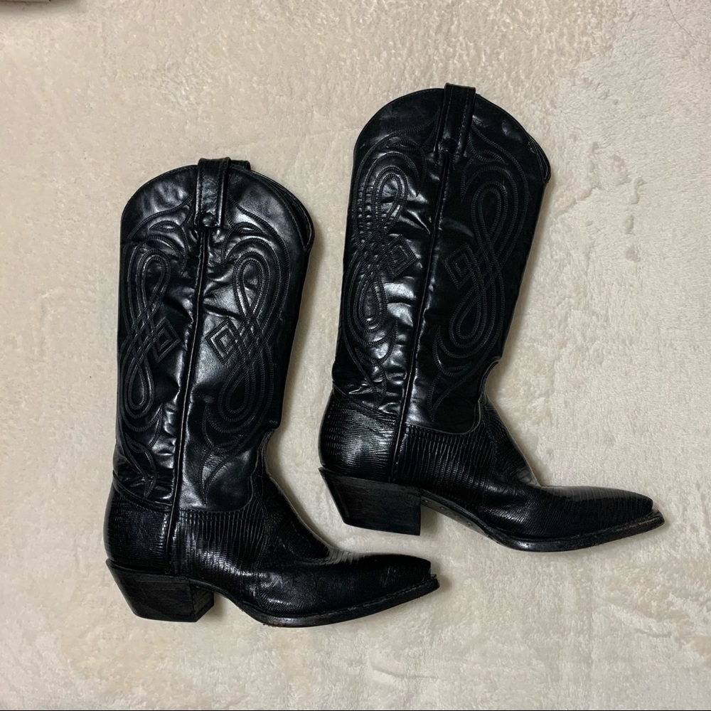 Tony Lama Black Leather Lizard Skin Cowboy Boots